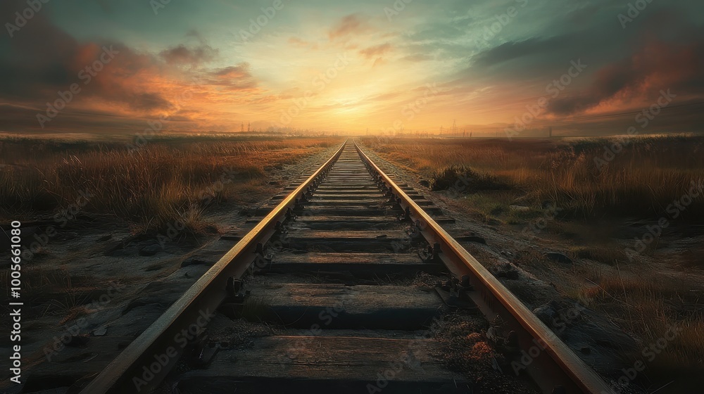 Railroad Tracks Extending into a Golden Sunset Railroad Tracks Extending into a Golden Sunset