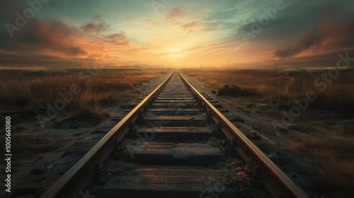 Railroad Tracks Extending into a Golden Sunset