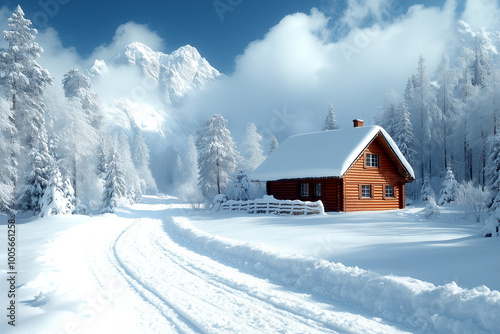 A cabin in the woods with a snow covered road leading to it. The cabin is surrounded by trees and the sky is clear