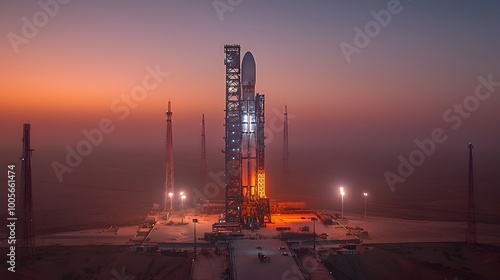 Rocket resting on a launch pad in the distance with the final checks and being completed in the control room before the anticipated takeoff and launch into space