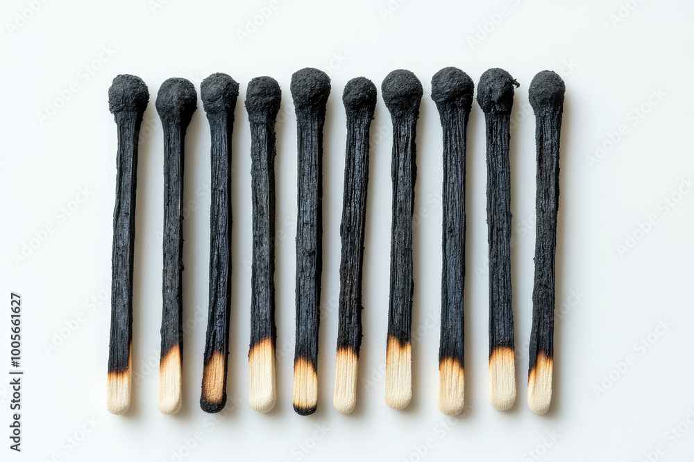 A series of black, burnt matches on wooden sticks, arranged in an aesthetically pleasing manner against a white background. Created with AI A series of black, burnt matches on wooden sticks, arranged in an aesthetically pleasing manner against a white background. Created with AI