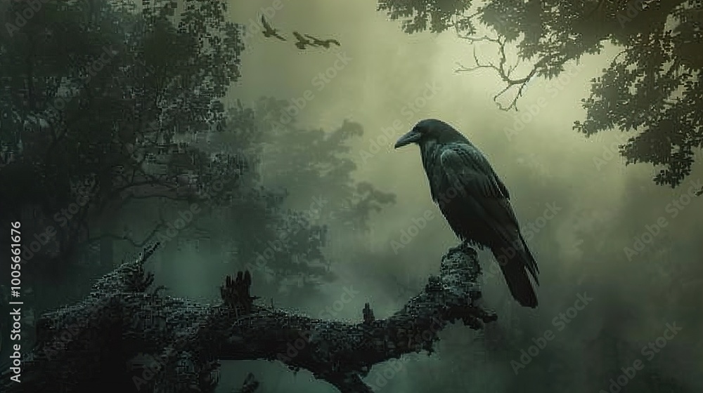 Fototapeta premium Raven in a Misty Forest - Dark and Moody Nature Photography