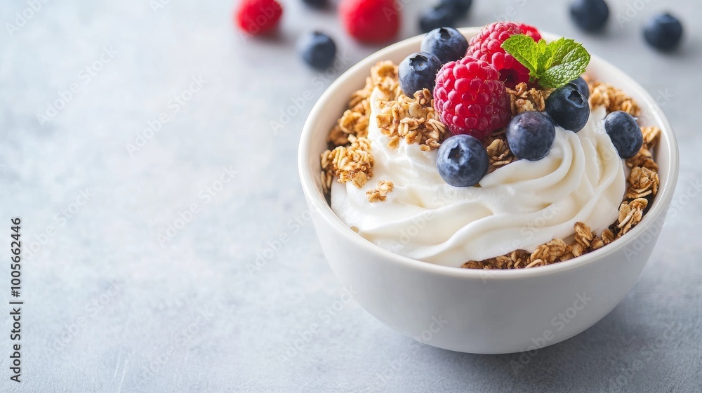 Bowl of granola with yogurt and berries on a white table Bowl of granola with yogurt and berries on a white table