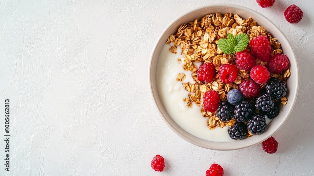 Bowl of granola with yogurt and berries on a white table Bowl of granola with yogurt and berries on a white table
