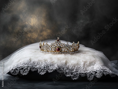 Exquisite Jeweled Circlet on Lace Pillow: Perfect for Elegant Interior Decor or as a Stunning Poster Spotlighting Luxurious Design photo