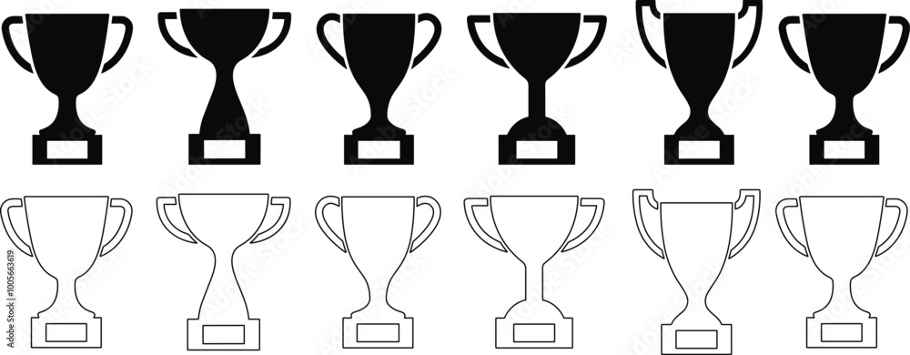 Trophy cup icon set. Champion trophy collection. Winner prize, champions realistic vector celebration winning concept. Education and sports first prize winner. Trophy cup icon set. Champion trophy collection. Winner prize, champions realistic vector celebration winning concept. Education and sports first prize winner.