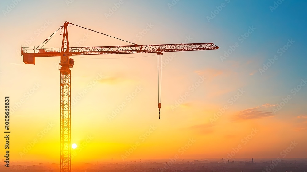 A crane s arm silhouetted against the vibrant colors of an early morning sunrise poised and ready to lift heavy machinery at a bustling construction site in the heart of the city A crane s arm silhouetted against the vibrant colors of an early morning sunrise poised and ready to lift heavy machinery at a bustling construction site in the heart of the city