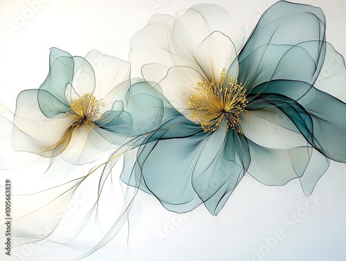 Elegant Floral Composition with Translucent Green Petals and Gold Accents: Perfect as a Chic Poster for Home Decor or Sporting Interiors
