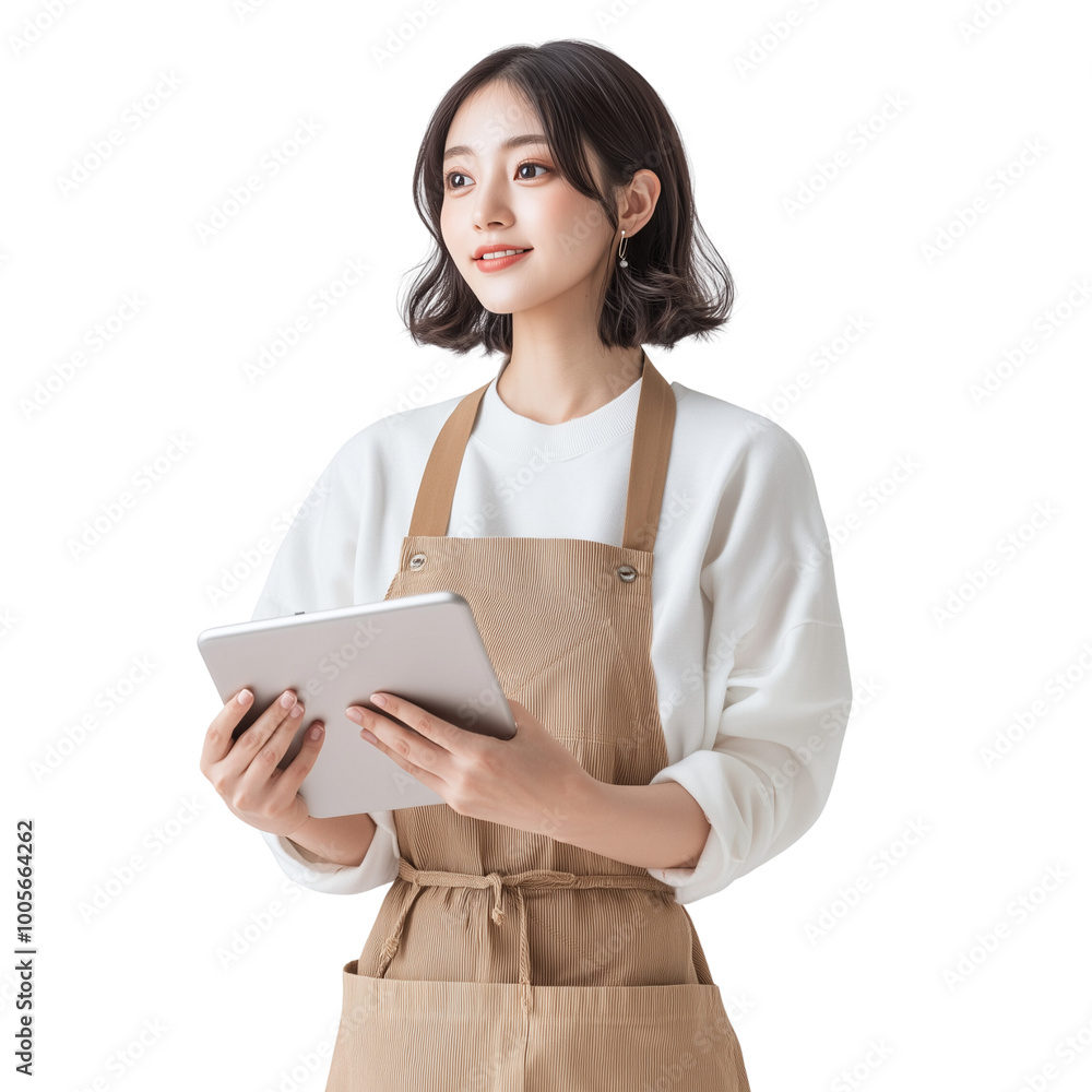 Smiling Japanese Woman Store Clerk with Tablet Managing Inventory and Customer Service Smiling Japanese Woman Store Clerk with Tablet Managing Inventory and Customer Service