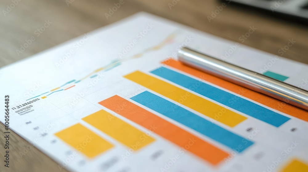 A pen rests on a bar graph with orange, yellow, and blue bars. A pen rests on a bar graph with orange, yellow, and blue bars.