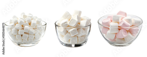 Marshmallows in glass bowls collection isolated on a transparent background, confectionery PNG