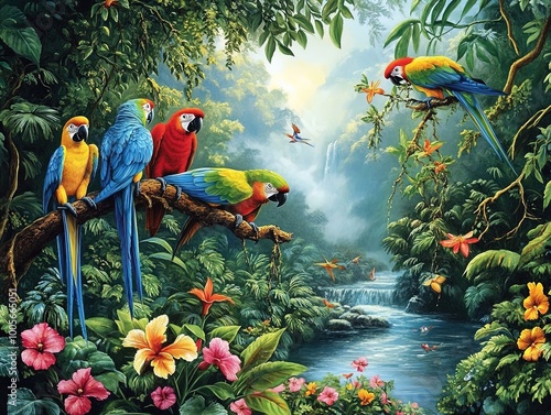 Wallpaper Mural Vibrant Jungle Bliss: A Stunning Poster of Colorful Parrots on a Tree Branch with Lush Flowers and a Misty River – Perfect for Bringing Nature's Beauty to Your Sports Interior! Torontodigital.ca