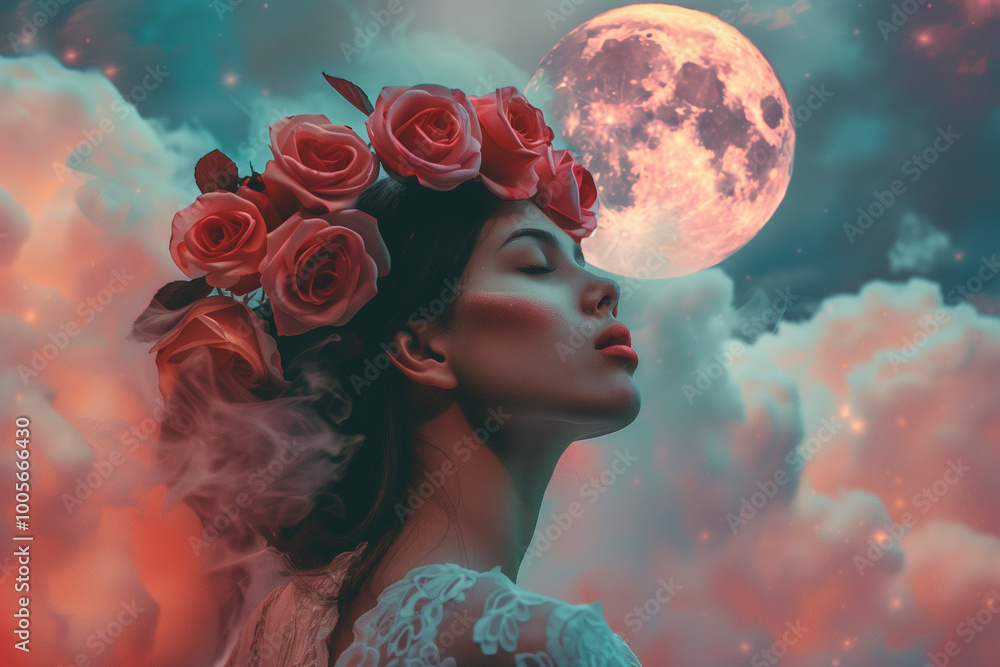 Portrait of a woman with flowers adorning her hair, standing beneath a glowing pink moon as soft clouds swirl around her in a vibrant, dreamlike scene. Portrait of a woman with flowers adorning her hair, standing beneath a glowing pink moon as soft clouds swirl around her in a vibrant, dreamlike scene.