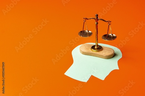 Photos Balance scale placed on top of a green paper cutout shaped like a human head
