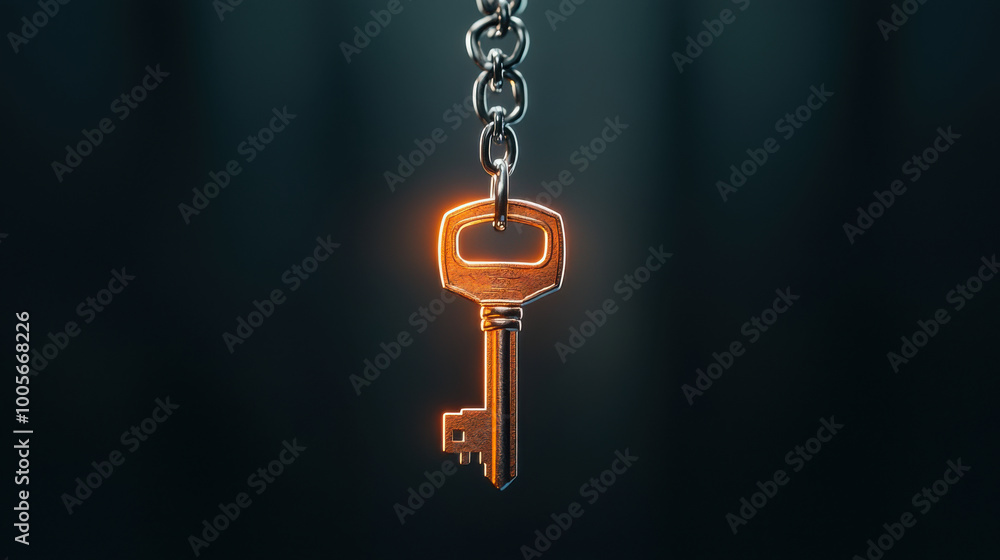 Golden key on chain, dark background Golden key on chain, dark background