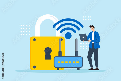 Flat illustration of man setting up secure wi-fi network with strong password to prevent unauthorized access