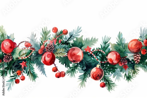 Watercolor illustration of a festive Christmas garland featuring red ornaments, pine cones, and lush greenery on a white background.