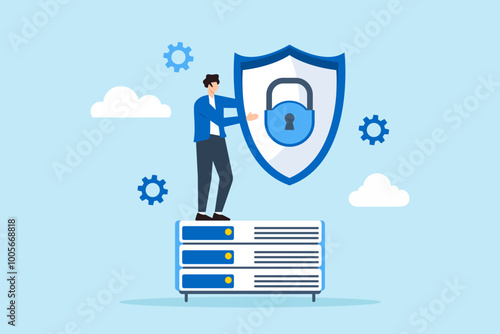 Flat illustration of it specialist holding shield over network server to represent data protection