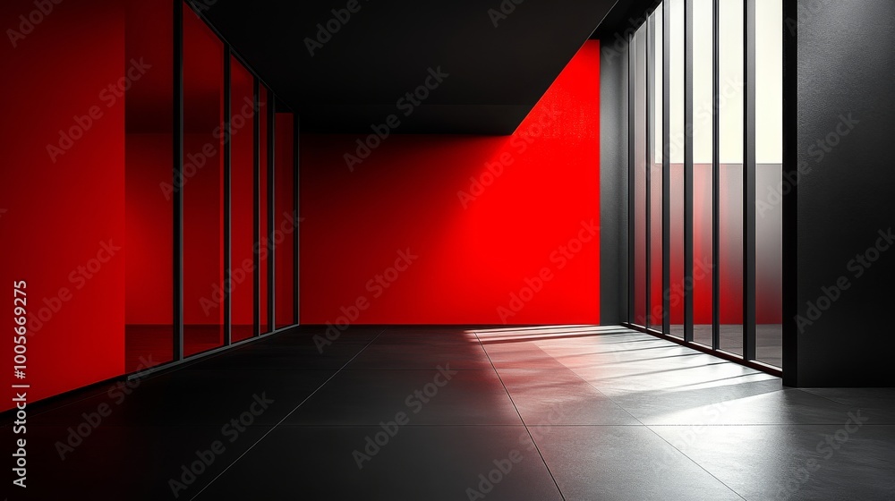 Modern minimalist interior with red and black walls, geometric architecture. Abstract design concept Modern minimalist interior with red and black walls, geometric architecture. Abstract design concept