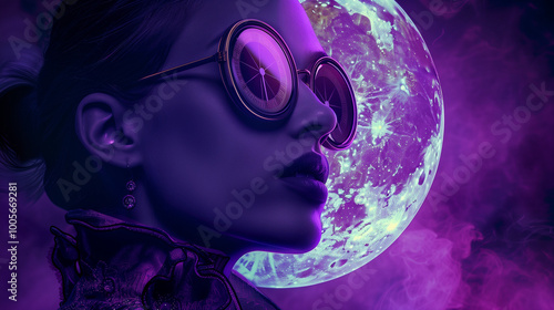 A futuristic depiction of a woman in purple hues wearing reflective goggles, with a glowing moon and cosmic energy in the background.