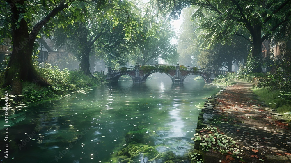 Obraz premium Stone Bridge Over a Tranquil River in a Lush Green Forest