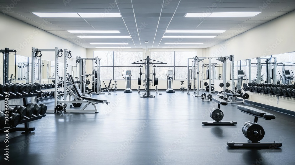Fototapeta premium A spacious gym with various weight racks, barbells, and workout equipment, empty and ready