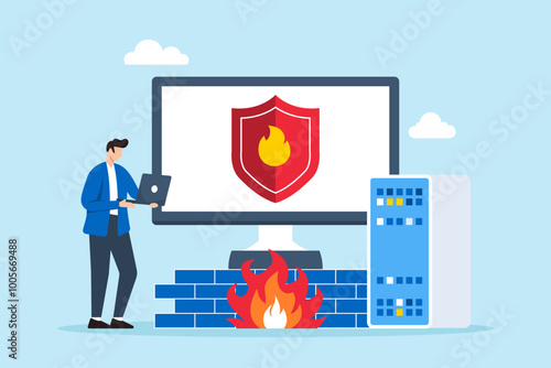 Flat illustration of engineer setting up firewall on server with security shield