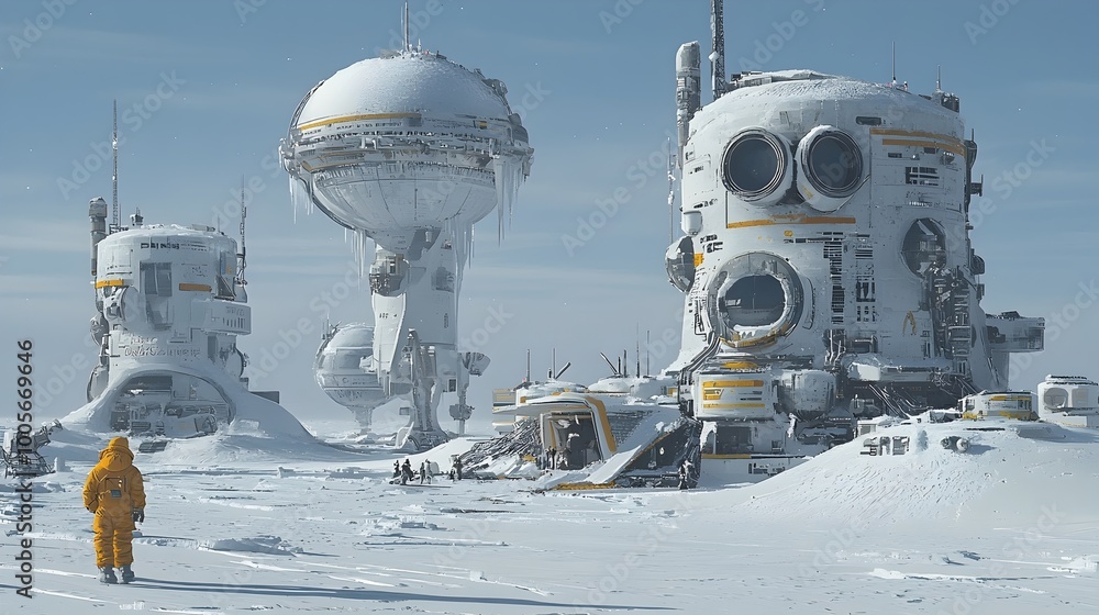 Obraz premium A serene and surreal landscape of a frozen city with structures covered in ice symbolizing time frozen in for future space