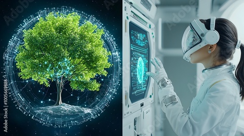 Fototapeta Naklejka Na Ścianę i Meble -  A side by side visual representation showcasing the parallel processes of oxygen production on Earth through natural tree based ecosystems and inside spacecraft through advanced technological