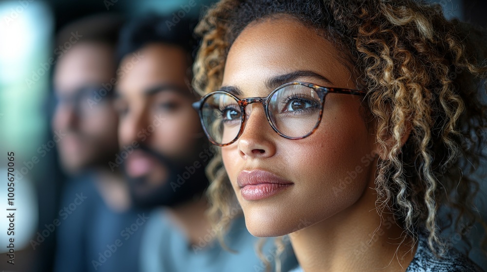 A close-up of a thoughtful woman with glasses, focused on a discussion with others. A close-up of a thoughtful woman with glasses, focused on a discussion with others.