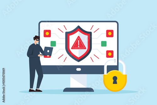 Flat illustration of hacker attempting breach while security system blocks access with red alert