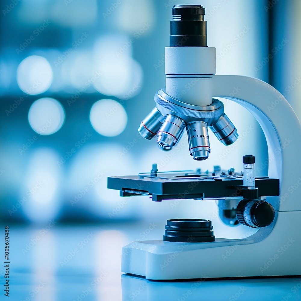 Microscope in laboratory with tecnology background blue tone .generative ai Microscope in laboratory with tecnology background blue tone .generative ai