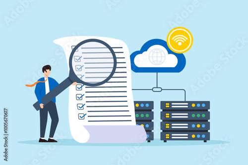 Flat illustration of system administrator performing security audit on corporate network infrastructure