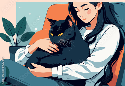 Woman Relaxing on Couch Cuddling with Cat