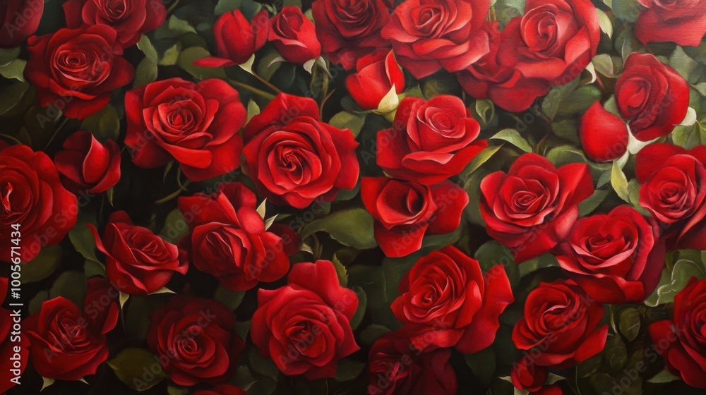 An intricate display of red roses in bloom from an overhead view, their vibrant petals creating a romantic and opulent scene. Realistic, very detailed An intricate display of red roses in bloom from an overhead view, their vibrant petals creating a romantic and opulent scene. Realistic, very detailed