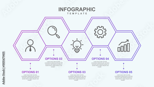 Business infographics. Infographics with 5 steps or options. A thin linear infographic with a hexagon template for a presentation or website. Timeline of processes