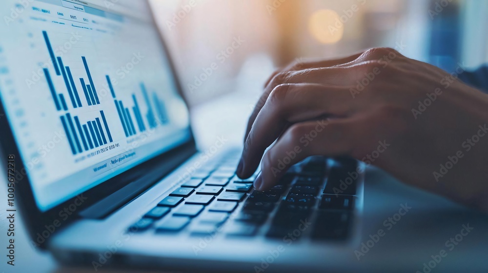 A close-up of a person's hand typing on a laptop, with computer graphs displayed on the screen, representing data analysis. A close-up of a person's hand typing on a laptop, with computer graphs displayed on the screen, representing data analysis.