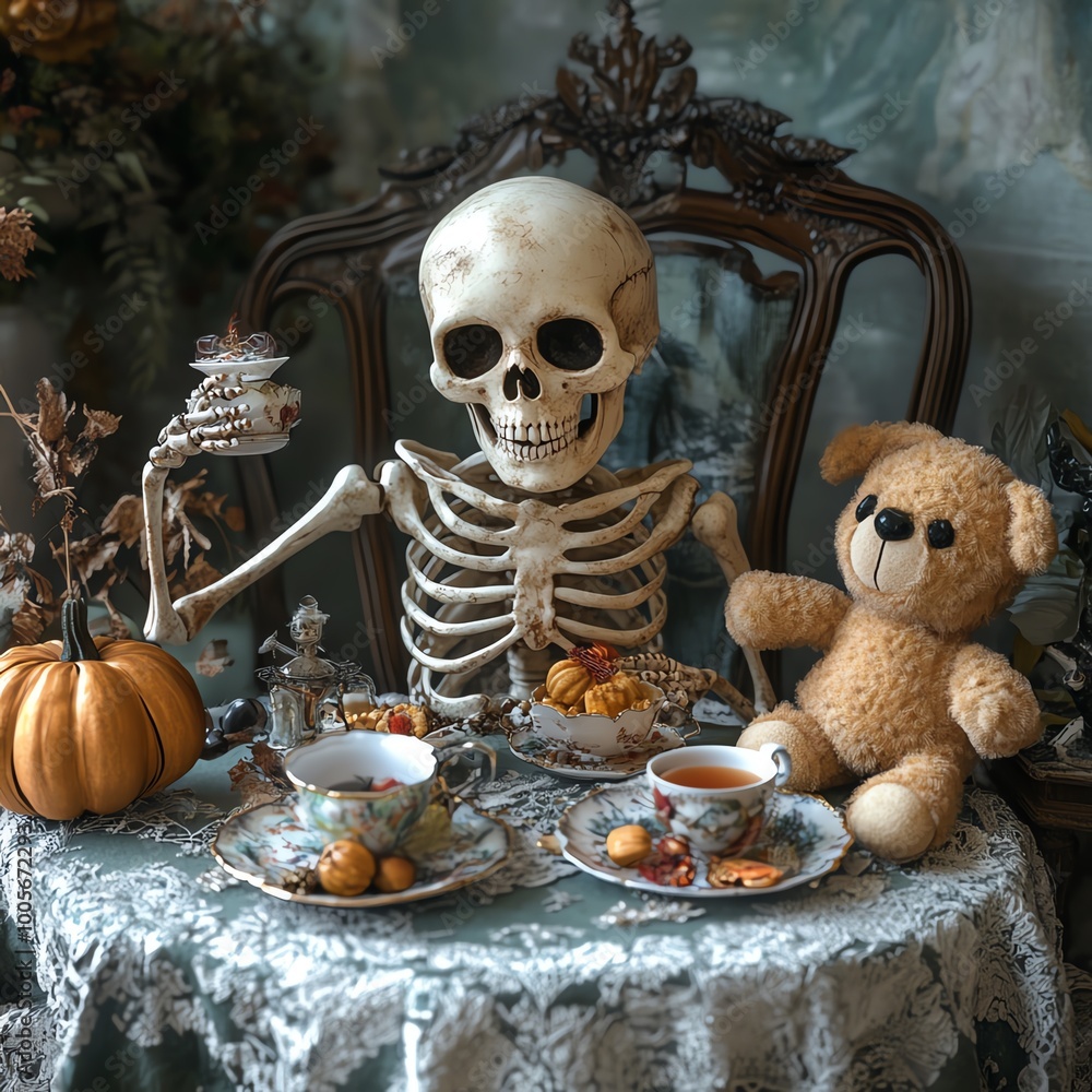 A whimsical tea party scene featuring a skeleton, teddy bear, pumpkin, and delicious treats on an ornate table. A whimsical tea party scene featuring a skeleton, teddy bear, pumpkin, and delicious treats on an ornate table.