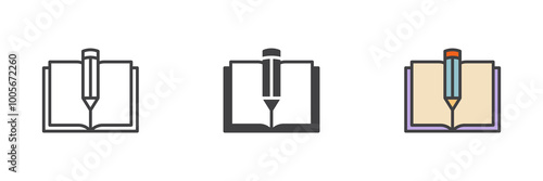 Text book and pen different style icon set