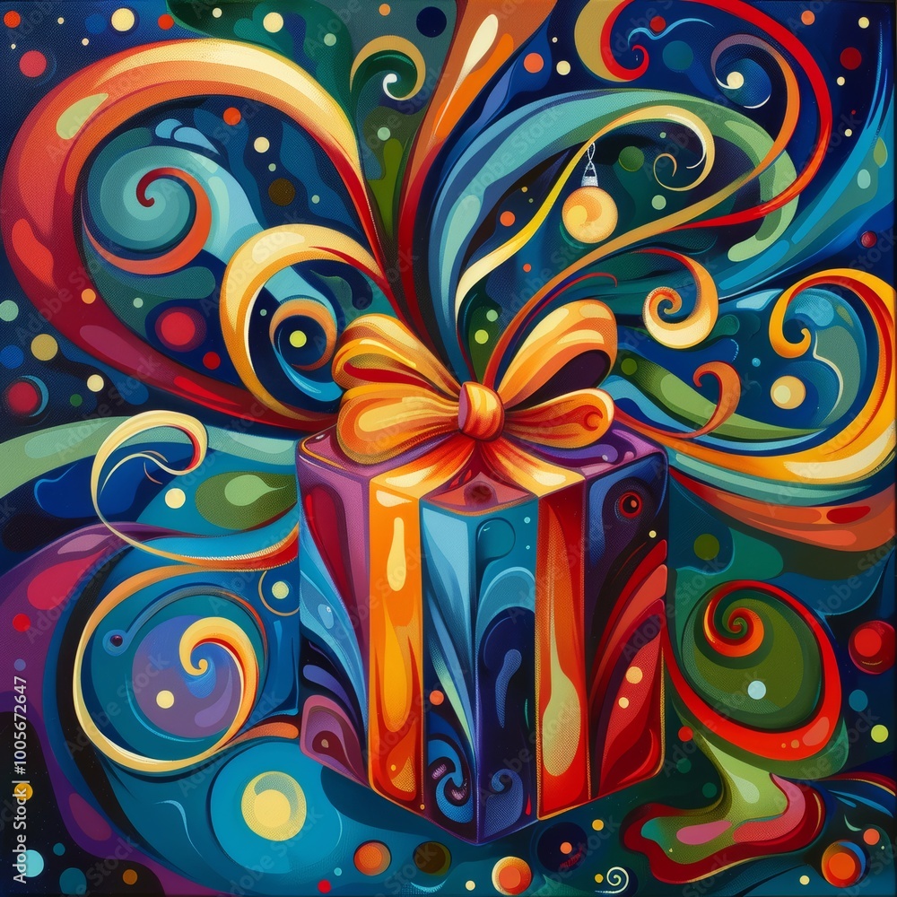 Fototapeta premium Abstract Christmas gift with swirling patterns and festive hues.
