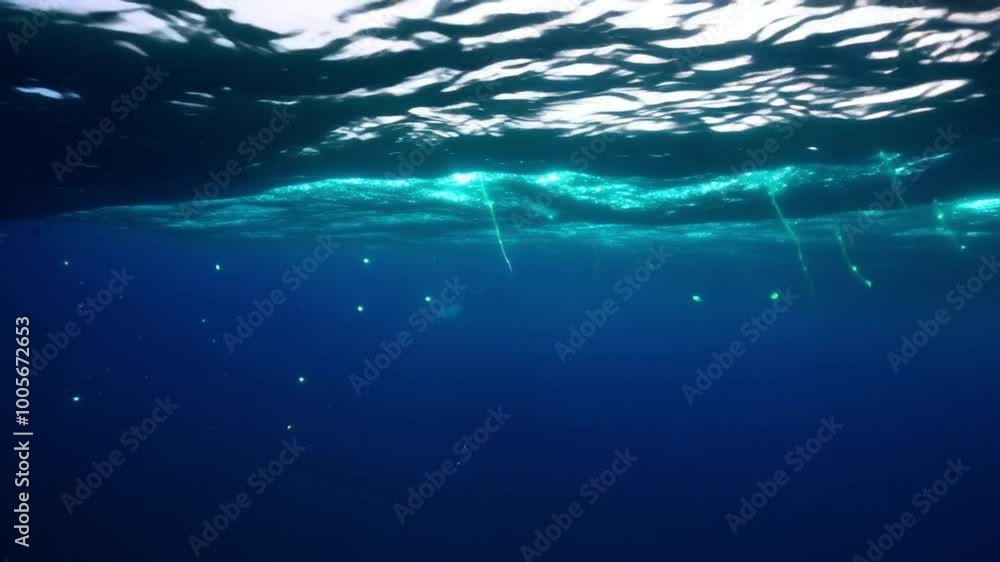 An underwater view of bioluminescent plankton lighting up as they float just beneath the surface of the water, creating a glowing path as sea creatures move through.
An underwater view of bioluminescent plankton lighting up as they float just beneath the surface of the water, creating a glowing path as sea creatures move through.