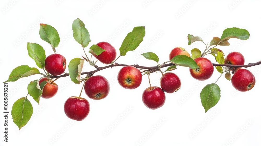 Apple tree branch laden with ripe red fruits and green leaves, isolated against a white backdrop Apple tree branch laden with ripe red fruits and green leaves, isolated against a white backdrop