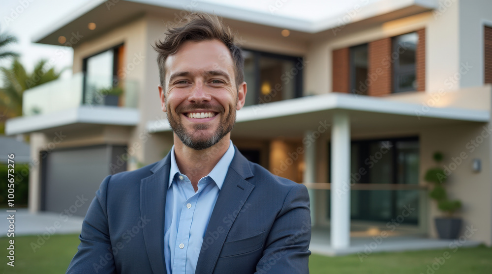 Confident Male Realtor Smiling in Front of Modern Luxury Home – Professional Real Estate Agent in Upscale Neighborhood Confident Male Realtor Smiling in Front of Modern Luxury Home – Professional Real Estate Agent in Upscale Neighborhood