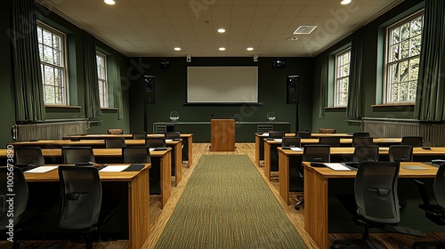 Empty classroom with wooden desks and projector screen.