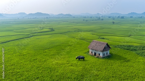 Aerial Perspective of a Quaint Traditional Thai Dwelling Immersed in Lush Rice Paddy Fields with Grazing Water Buffalo Nearby A Serene Rural Landscape in Southeast Asia