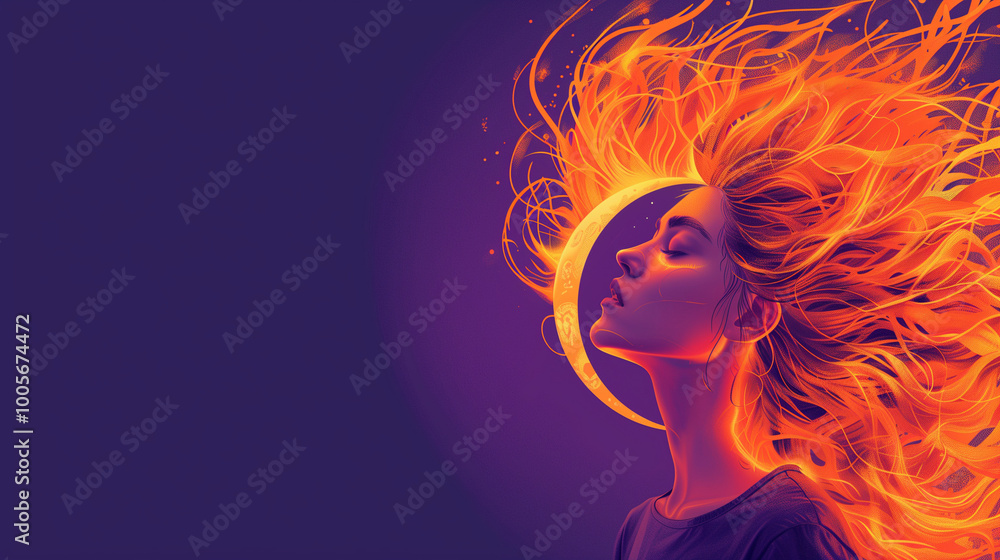 Woman with blazing red hair, surrounded by fiery light, her silhouette merging with cosmic forces in an abstract scene of power and beauty. Woman with blazing red hair, surrounded by fiery light, her silhouette merging with cosmic forces in an abstract scene of power and beauty.