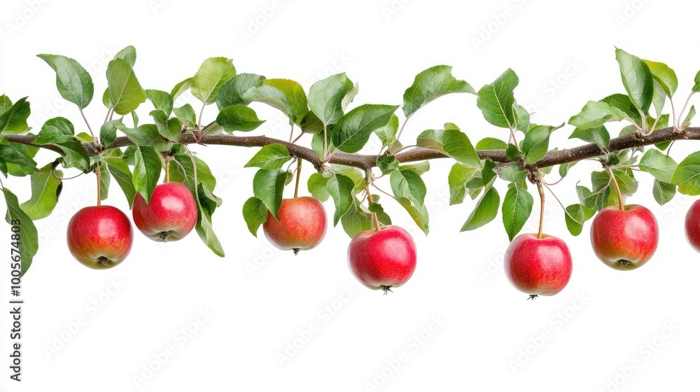 Obraz premium Branch of an apple tree loaded with bright red apples, hanging from green leaves, isolated on white