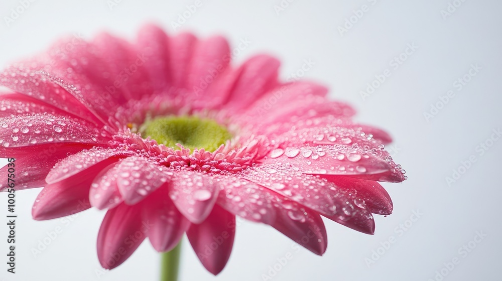 Bright pink gerbera flower against a clean white backdrop, water droplets enhancing its vibrant petals Bright pink gerbera flower against a clean white backdrop, water droplets enhancing its vibrant petals