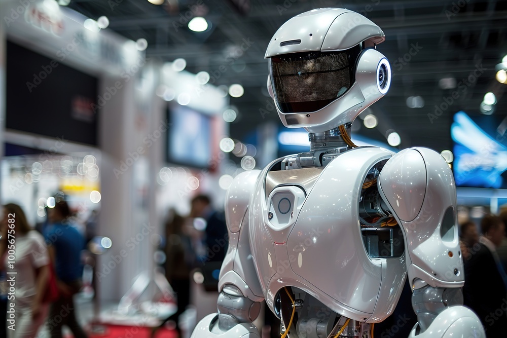 Human-like robot at tech expo with curious crowd in background Human-like robot at tech expo with curious crowd in background