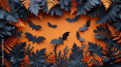 A whimsical Halloween display featuring black bats among vibrant orange foliage and dark leaves during autumn. Generative AI photo